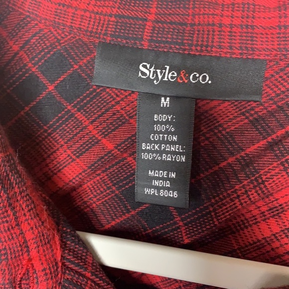 Style & Co red & black high low plaid button down with floral print back - Picture 4 of 5